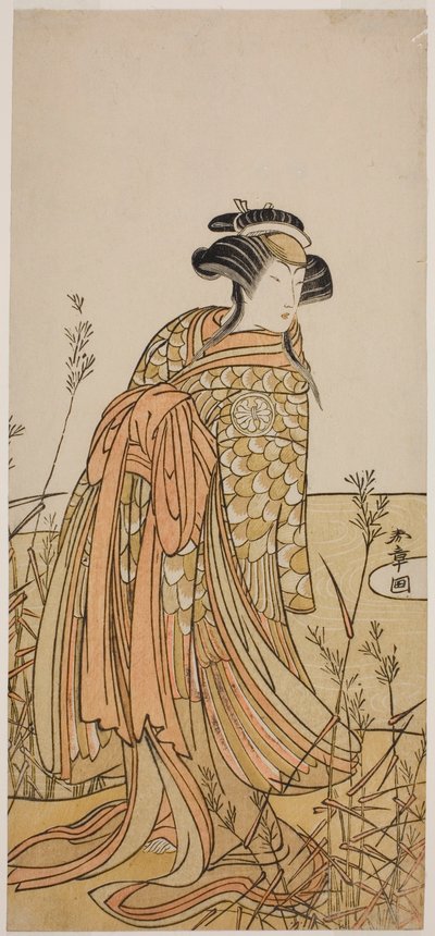 Näyttelijä Segawa Kikunojo III mandariiniankan hengen (Oshidori) naamioituneena Tagasodeksi näytelmässä Hana-zumo Genji Hiiki, joka esitettiin Nakamura-teatterissa yhdestoista kuukaudessa, 1775 tekijältä Katsukawa Shunsho