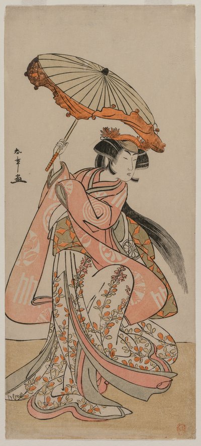 Näyttelijä Segawa Kikunojo II Tanssii päivänvarjon kanssa, 1770-luvun loppu. tekijältä Katsukawa Shunsho