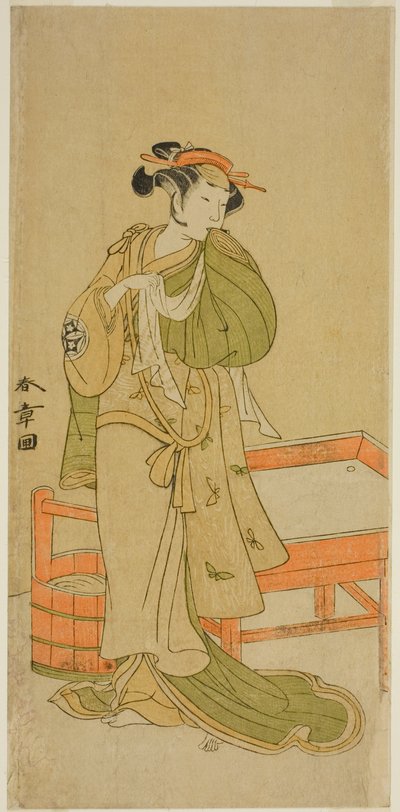 Näyttelijä Yamashita Kinsaku II Moshiona näytelmässä Izu-goyomi Shibai no Ganjitsu, esitettiin Morita-teatterissa yhdestoista kuukaudessa, 1772 tekijältä Katsukawa Shunsho