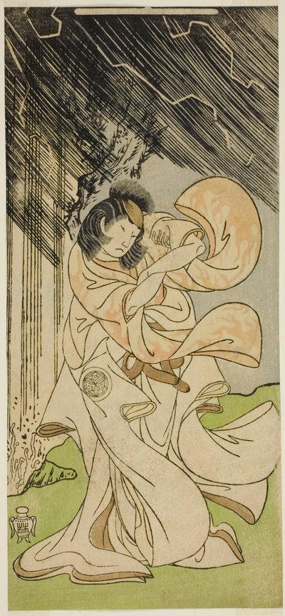 Näyttelijä Yamashita Kinsaku II ukkonenjumalattarena näytelmässä Onna Narukami, esitettiin Morita-teatterissa ensimmäisenä kuukautena, 1770 tekijältä Katsukawa Shunsho
