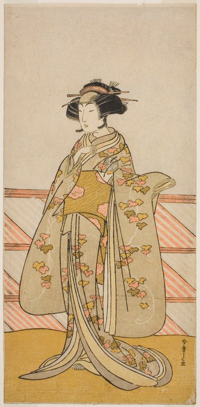 Näyttelijä Yoshizawa Iroha I Tamamo no Maen (?) roolissa näytelmässä Sakuya Kono Hana no Kaomise (?), joka esitettiin Nakamura-teatterissa (?) yhdestoista kuukaudessa, 1776 (?) tekijältä Katsukawa Shunsho