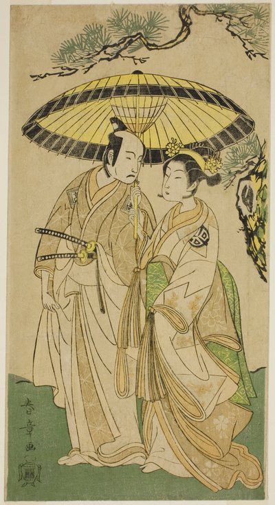 Näyttelijät Arashi Hinaji I (oikealla) ja Ichikawa Komazo II (vasemmalla), prinsessa Sakura (Sakura Hime) (?) ja Shimizu Tonoinosuke (?), näytelmässä Soga Moyo Aigo no Wakamatsu (?), esitettiin Nakamurassa. Teatteri (?) kolmannessa kuukaudessa, 1769 (?) tekijältä Katsukawa Shunsho