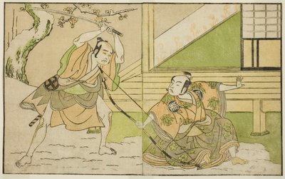 Näyttelijät Arashi Sangoro II Hojo Tokiyorina (oikealla) ja Otani Hiroji III Koga Saburona (vasemmalla), näytelmässä Kono Hana Yotsugi no Hachi no Ki, esitettiin Ichimura-teatterissa yhdestoista kuukaudessa, 1771 tekijältä Katsukawa Shunsho