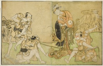 Näyttelijät Bando Zenji I Nagahashi Saburona, Iwai Hanshiro IV Otatsu-gitsuneena, Nakamura Konozo Hagai Ujitsunena ja Tuntematon näyttelijä (oikealta vasemmalle), näytelmässä Nue no Mori Ichiyo no Mato, esitettiin Nakamura-teatterissa Yhdestoista kuukausi, tekijältä Katsukawa Shunsho