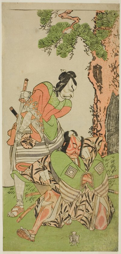 Näyttelijät Ichikawa Danzo III I no Hayata Tadazumina (oikealla) ja Matsumoto Koshiro II Osada no Taro Kagemunena Naamioituna Yatsurugi Zaemoniksi (vasemmalla), näytelmässä Nue no Mori Ichiyo no Mato, joka esitettiin Nakamura-teatterissa yhdestoista kuukau tekijältä Katsukawa Shunsho