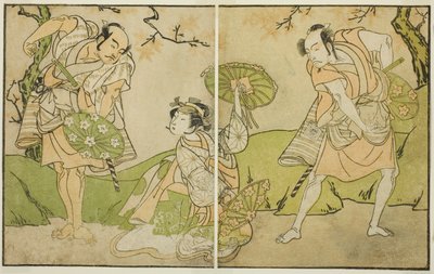 The Actors Ichikawa Somegoro (right), Segawa Kikunojo II (center), and Bando Sampachi (left), in Unidentified Roles in the Play Myoto-giku Izu no Kisewata, Performed at the Ichimura Theater in the Eleventh Month, 1770 tekijältä Katsukawa Shunsho