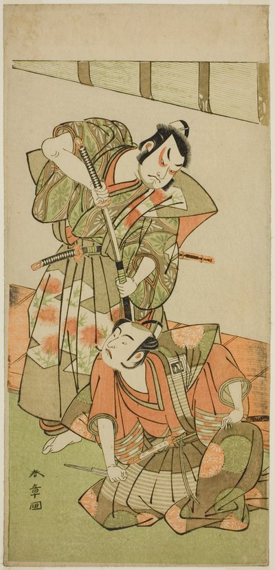 Näyttelijät Ichikawa Yaozo II Konoshita Hyokichina (?) (oikealla) ja Sakata Hangoro II Matsunaga Daizen Hisahidena (?) (vasemmalla), näytelmässä Gion Sairei Shinko Ki (?), esitetään Ichimura-teatterissa (?) vuonna viides kuukausi, 1775 (?) tekijältä Katsukawa Shunsho