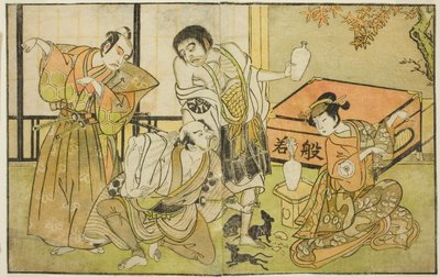 Näyttelijät Iwai Hanshiro IV Otatsu-gitsuneena, Nakamura Nakazo I Raigo Ajarina, Sakata Tojuro III Kamada Gon-no-kami Masayorina ja Ichikawa Yaozo II Sakon-gitsunea (oikealta vasemmalle), näytelmässä "Nue no Mori" Ichiyo no Mato", esiintyi Nakamura T tekijältä Katsukawa Shunsho