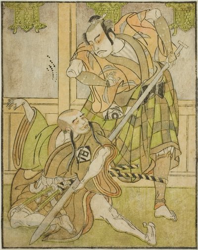 Kasaya Matakuro II Nobuyorina Nakamura-teatterissa 11. kuukaudessa näytelmässä Nue no Mori Ichiyo no Mato, naamioitunut Yakko Gunnaiksi (oikealla), ja Miyazaki Hachizo maallikkomunkina Hambyo Nyudo (vas.), tekijältä Katsukawa Shunsho