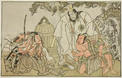 Näyttelijät Nakajima Mihoemon II Aramaki Mimishirona (oikealla), Matsumoto Koshiro II Otomo no Yamanushina (keskellä) ja Ichikawa Danzo III Hannya no Gorona (vasemmalla), näytelmässä Kuni no Hana Ono no Itsumoji, esitettiin Nakamura-teatterissa. yhdestoist tekijältä Katsukawa Shunsho