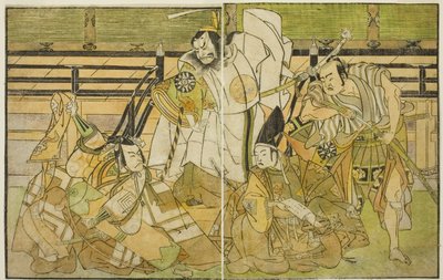 Näyttelijät Nakamura Denkuro II Seno-o Tarona, Ichikawa Komazo II Yorimasana, Nakamura Nakazo I Taira no Kiyomorina ja Ichikawa Danjuro V Kiou Takiguchina (oikealta vasemmalle), näytelmässä Nue no Mori Ichiyo no Mato, Esitetty klo. Nakamura-teatterissa tekijältä Katsukawa Shunsho