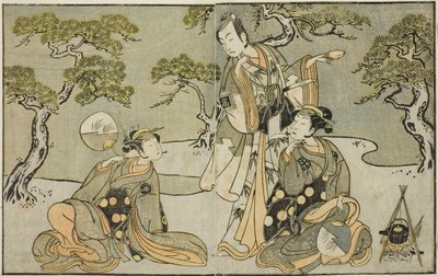 Näyttelijät Nakamura Nakazo I Matsukazena (oikealla), Ichikawa Komazo II Ariwara no Yukihirana (keskellä) ja Iwai Hanshiro IV Murasamena (vasemmalla), näytelmässä Kuni no Hana Ono no Itsumoji, esitettiin Nakamura-teatterissa 11. Kuukausi, 1771 tekijältä Katsukawa Shunsho