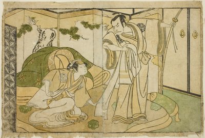 Näyttelijät Nakamura Nakazo I Taira no Kiyomorina (oikealla) ja Yamashita Kinsaku II Tokiwa Gozenina (vasemmalla), näytelmässä Nue no Mori Ichiyo no Mato, esitettiin Nakamura-teatterissa yhdestoista kuukaudessa, 1770 tekijältä Katsukawa Shunsho