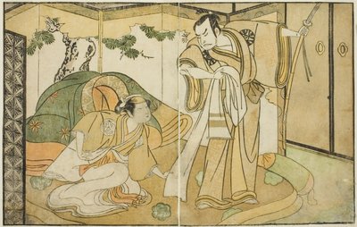 Näyttelijät Nakamura Nakazo I Taira no Kiyomorina (oikealla) ja Yamashita Kinsaku II Tokiwa Gozenina (vasemmalla), näytelmässä Nue no Mori Ichiyo no Mato, esitettiin Nakamura-teatterissa yhdestoista kuukaudessa, 1770 tekijältä Katsukawa Shunsho