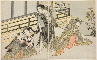Näyttelijät Nakamura Noshio I Nyosan no Miyana (oikealla), Ichikawa Danjuro V Renegade-munkki Yochinina (keskellä) ja Yamashita Kinsaku II Maid Mutsuhanana (vasemmalla), näytelmässä Fuki Kaete Tsukimo Yoshiwara, joka esitetään Morita-teatterissa. yhdestois tekijältä Katsukawa Shunsho
