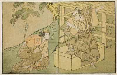 Näyttelijät Onoe Matsusuke I Akaboshi Tarona (oikealla) ja Azuma Tozo II Shirotaena (vasemmalla), näytelmässä Kono Hana Yotsugi no Hachi no Ki, esitettiin Ichimura-teatterissa yhdestoista kuukaudessa, 1771 tekijältä Katsukawa Shunsho