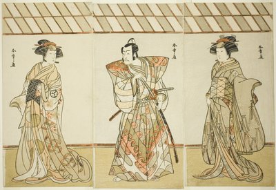 Näyttelijät Onoe Tamizo I Nishikiginä (?) tai Otaena (?) (oikealla), Ichikawa Danjuro V Miura Heidayu Kunitaena (?) (keskellä) ja Osagawa Tsuneyo II Oyukina (?) (vasemmalla) näytelmäpäivämäärässä Nishiki Tsui no Yumitori (?), Esitetty Morita-teatterissa (? tekijältä Katsukawa Shunsho
