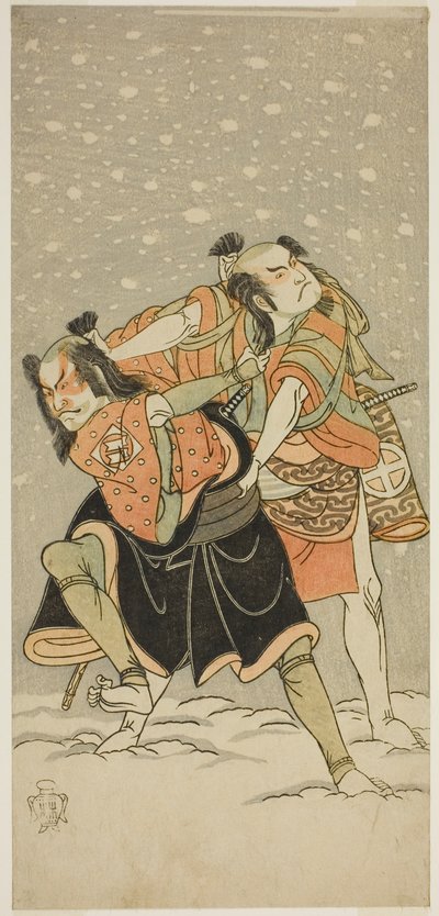 Näyttelijät Otani Hiroji III Kameona (oikealla) ja Sakata Sajuro I Ariona (vasemmalla) näytelmässä Hime Komatsu Ne no Hi Asobi, joka esitettiin Ichimura-teatterissa yhdeksännessä kuussa, 1768 tekijältä Katsukawa Shunsho
