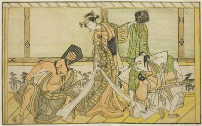 Näyttelijät Otani Hiroji III Kawazu no Saburona (oikealla), Segawa Kikunojo II Prinsessa Tatsuna (Tatsu Hime) (keskellä) ja Nakamura Sukegoro II Matano no Gorona (vasemmalla), näytelmässä Myoto-giku Izu no Kisewata, Esitetty Ichimura-teatterissa Eleventiss tekijältä Katsukawa Shunsho