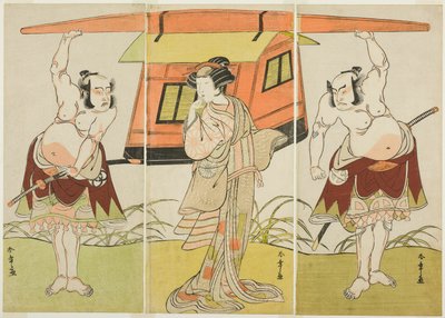Näyttelijät Otani Hiroji III Yokambeina (oikealla), Nakamura Tomijuro I Kuzunohana (keskellä) ja Bando Mitsugoro I Yakambeina (vasemmalla) näytelmän Shinodazuma (Vaimo Shinoda Forestista) viimeisessä kohtauksessa täydennyksenä Play Kikyo-zomiin tekijältä Katsukawa Shunsho