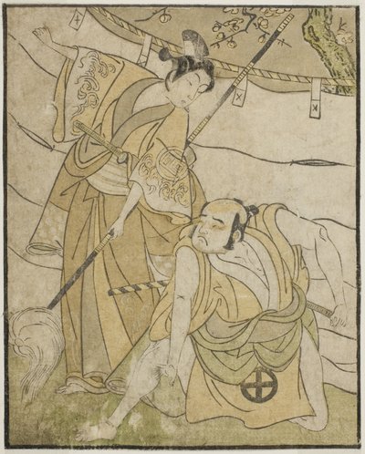 Näyttelijät Otani Tomoemon I Emoheina (oikealla) ja Sanogawa Ichimatsu II Sanada Yoichina (vasemmalla), näytelmässä Myoto-giku Izu no Kisewata, esitettiin Ichimura-teatterissa yhdestoista kuukaudessa, 1770 tekijältä Katsukawa Shunsho