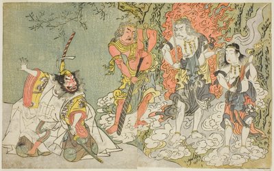 Näyttelijät Sawamura Kijuro I Ikazuchi Shinnona, Prince of Thunder (äärivasemmalla), Ichikawa Danjuro V buddhalaisena jumaluutena Fudona (toinen vasemmalta), Nakamura Sukegoro II Seitaka Dojina (toinen oikealta) ja Bando Mitsugoro I Kongara Dojina (äärioik tekijältä Katsukawa Shunsho