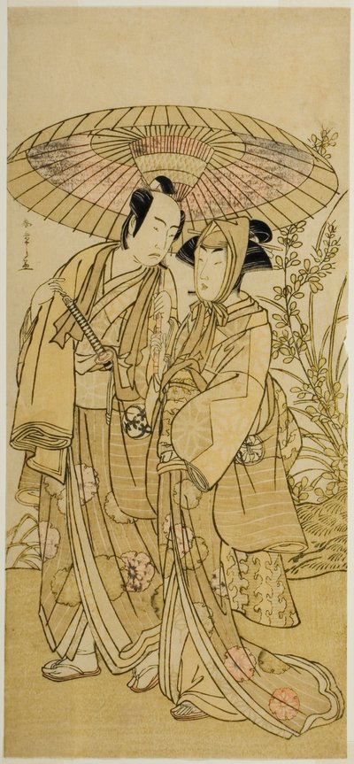 Näyttelijät Segawa Kikunojo III (oikealla) Ochiyona ja Bando Mitsugoro I (vasemmalla) vihanneskauppias Hambeina näytelmässä Kabuki no Hana Bandai Soga, joka esitettiin Ichimura-teatterissa neljännessä kuukaudessa, 1781 tekijältä Katsukawa Shunsho