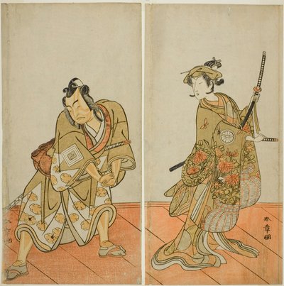 The Actors Segawa Kikunojo III as Aigo no Waka (right), and Ichikawa Yaozo II as Hachio-maru Aratora (left), in the Play Chigo Sakura Jusan Kane, Performed at the Ichimura Theater in the Eleventh Month, 1774 tekijältä Katsukawa Shunsho