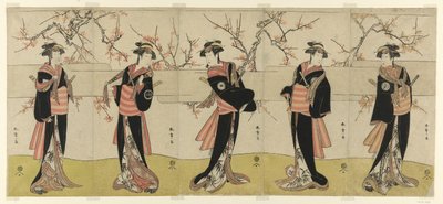 Näyttelijät Segawa Kikunojo III Karigane Obunina, Nakayama Tomisaburo I An no Oyasuna, Iwai Kiyotaro II Kaminari no Oshana, Nakayama Tatezo I Gokuin no Osenina ja Ichikawa Monnosuke II Hotei no Oichina (oikealta vasemmalle), elokuvassa "Gonin" Onna", kohta tekijältä Katsukawa Shunsho