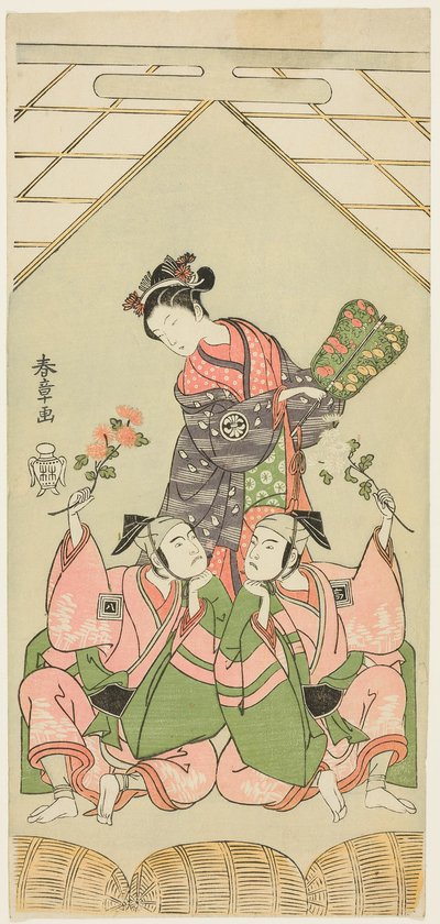Näyttelijät Segawa Kikunojo II: Märkähoitaja Reizei, Ichikawa Komazo I Suruga no Hachirona Shamisen-soittimen Kichirokun varjossa (oikealla) ja Ichikawa Yaozo II Tada no Kurandona Palanquin Bearer Kichinain varjossa (vasemmalla). kohtauksessa tekijältä Katsukawa Shunsho