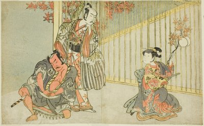 Näyttelijät Yamashita Kinsaku II Mutsuhanana (oikealla), Bando Mitsugoro I Kashiwagi no Emonina (keskellä) ja Nakamura Sukegoro II Akamatsu Mushanosukena (vasemmalla), näytelmässä Fuki Kaete Tsukimo Yoshiwara (Rethatched Roof: The Moon also Shines Over) Yo tekijältä Katsukawa Shunsho
