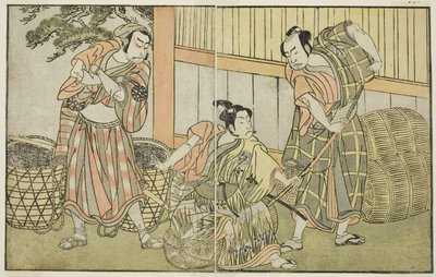 Näytelmä Kuni no Hana Ono no Itsumoji, esitetty Nakamura-teatterissa yhdentenätoista kuukautena, n.1772 (puupiirros). tekijältä Katsukawa Shunsho