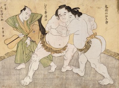 Painiottelu Kimenzan Tanigoron ja Edogasaki Gemjin välillä (värillinen puupainatus) tekijältä Katsukawa Shunsho