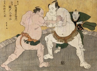 Painiottelu Kimenzan Tanigoron ja Edogasaki Gemjin välillä (värillinen puupainatus) tekijältä Katsukawa Shunsho