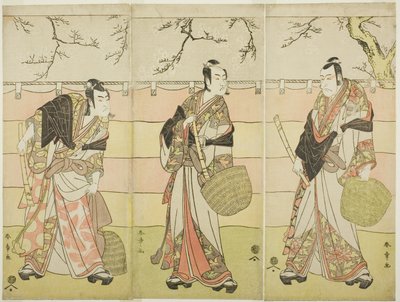 Kolme Komuso-munkkia: Näyttelijät Ichikawa Ebizo (Danjuro V) Kudo Suketsunena (oikealla), Ichikawa Monnosuke II Soga no Juro Sukenarina (keskellä) ja Ichikawa Omezo I Soga no Goro Tokimunena (vasemmalla), näytelmän kuudennessa näytöksessä Waka Murasaki Edo tekijältä Katsukawa Shunsho