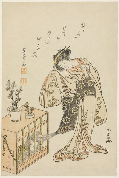Young Woman with a Caged Monkey (Kalenteripainatus uudelle vuodelle 1776) tekijältä Katsukawa Shunsho