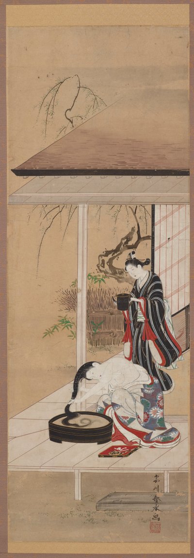Nainen pesemässä hiuksiaan hoitajan kanssa, 1700-luvun puoliväli. tekijältä Katsukawa Shunsui