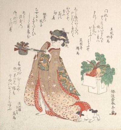 Nuori nainen kantamassa viinikannua uudenvuoden seremoniaa varten, n. 1815. tekijältä Katsukawa Shuntei