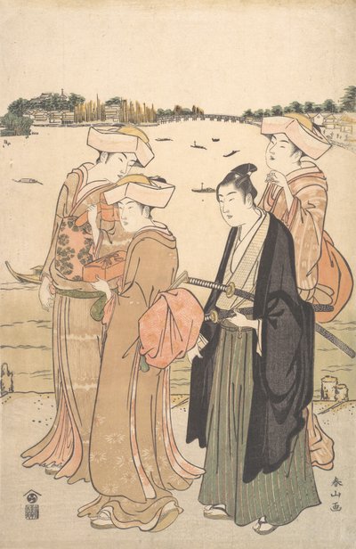 Nuori samurai ja kolme naista, n. 1789. tekijältä Katsukawa Shunzan