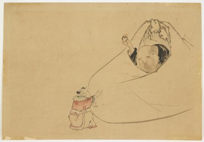 Hotei tarjoaa palavaa jalokiviä pienelle pojalle, n. 1850 (muste ja väri paperille) tekijältä Katsushika (school of) Hokusai