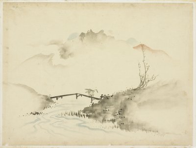 Maisema Farmer Crossing Bridgen kanssa, 1615-1868 (muste ja väri paperille) tekijältä Katsushika (school of) Hokusai
