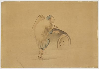Mies Mallet Rolling Barrelin kanssa, n. 1850 (muste ja väri paperille) tekijältä Katsushika (school of) Hokusai
