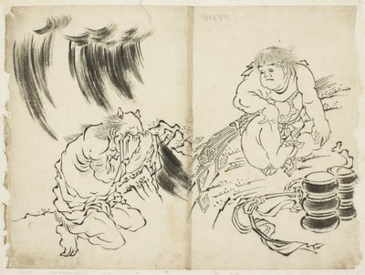 Myrskyn personifikaatio Kintaron ja Weeping Oni, n. 1815-1849 (muste paperille) tekijältä Katsushika (school of) Hokusai