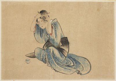 Istuva nainen wc-tilassaan tekijältä Katsushika (school of) Hokusai