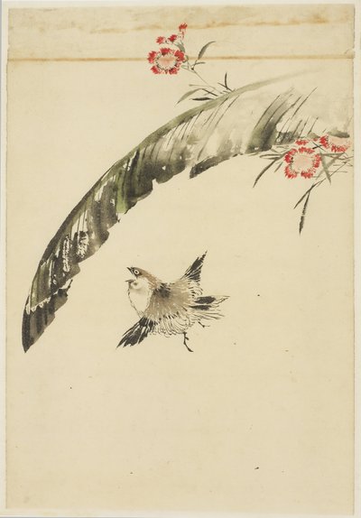 Varpunen ja banaaninlehti ja vaaleanpunaiset, 1615-1868 (muste ja väri paperille) tekijältä Katsushika (school of) Hokusai