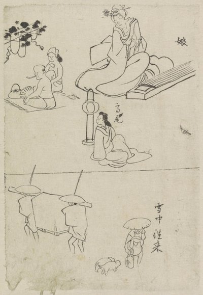 Erilaisia ​​esityksiä, mukaan lukien koto-nainen, istuva nainen ja kaksi miestä tekijältä After Katsushika Hokusai