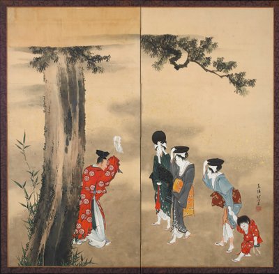 Šintopappi, kolme naista ja lapsi, Edo-kausi, n. 1799 (muste, kulta ja väri paperille) tekijältä Katsushika Hokusai