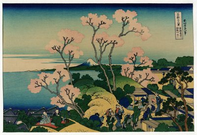 Ryhmä japanilaisia kirsikkapuiden alla kukinta-aikaan, Shinagawassa, Tokaido Roadilla, Japanissa, näkymä Fuji-vuorelle kaukana tekijältä Katsushika Hokusai