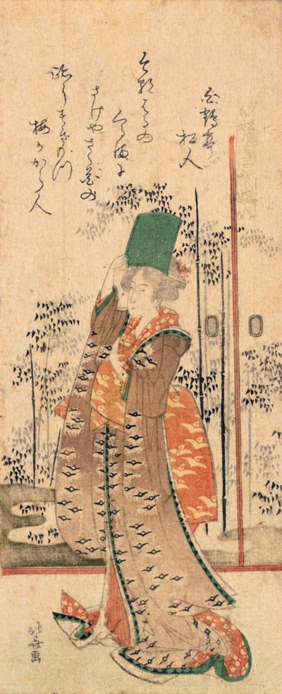 Surimono tytöstä, joka pitää kirjaa, sarjasta "Seitsemän viisasta Shofudaille" tekijältä Katsushika Hokusai
