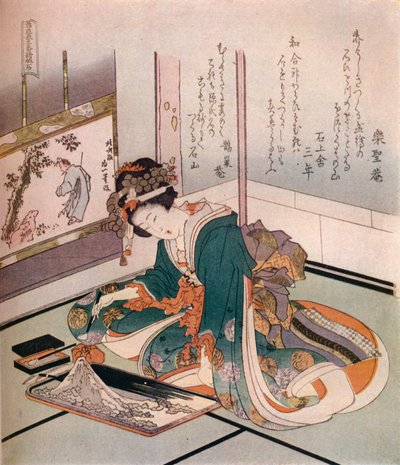 Nainen tekemässä pienoismallia Fuji-vuoresta, c1823. tekijältä Katsushika Hokusai